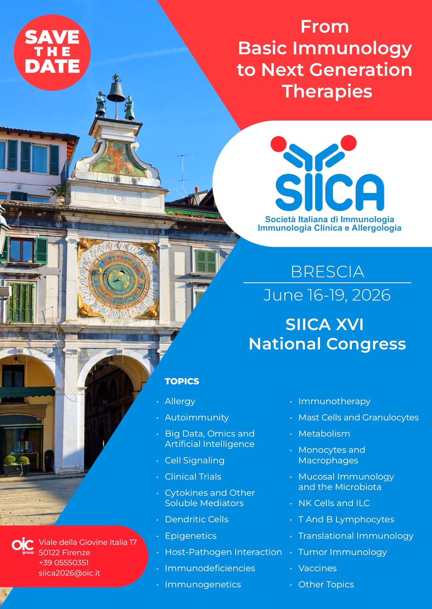 SiicaI's tweet photo. SAVE THE DATE
We are delighted to announce that the next SlICA National Congress will take place in Brescia from 16 to 19 June 2026!
Stay tuned and visit our website! https://t.co/K12L13s0ls