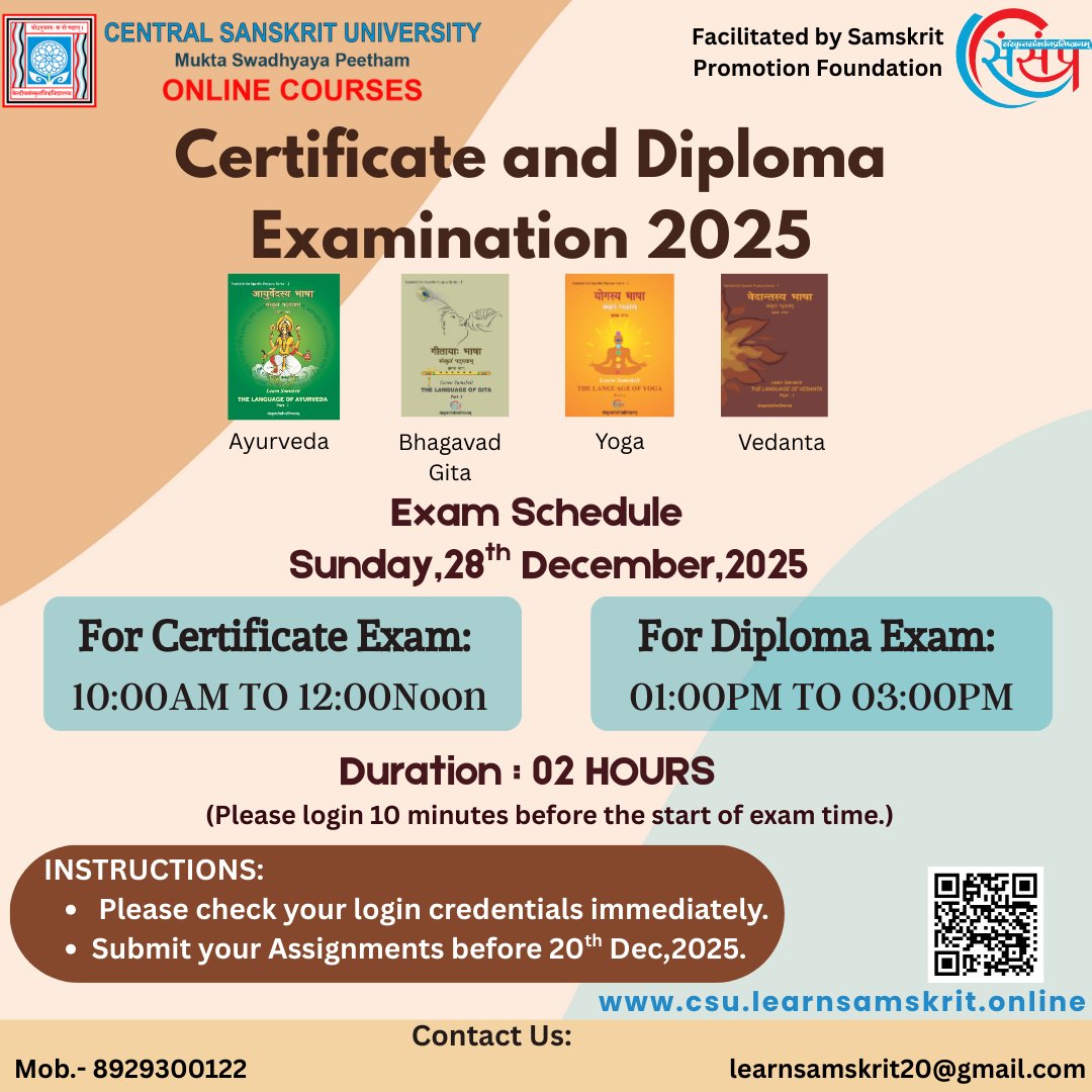 LearnSamskrit's tweet image. 📚Announcing the Certificate &amp;amp; Diploma Examination 2025 by Central Sanskrit University!
28th December 2025

Ayurveda | Bhagavad Gita | Yoga | Vedanta
Don’t forget to submit assignments before 20th Dec!

#CSU #Sanskrit #OnlineLearning