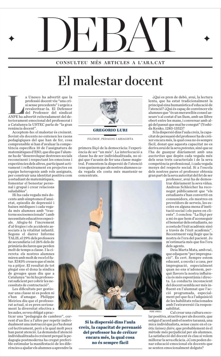 CarmeFenoll's tweet image. 📖 “Qui es pren de debò, avui, la lectura lenta, que ha estat tradicionalment la principal eina humanística d’educació de l’atenció?”
@GregorioLuri al @diariARA