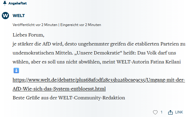 Was ist denn bei der WELT los? Wacht man da etwa auf und hat das System „unsere Demokratie“ durchschaut?

Gefunden hier:
welt.de/politik/deutsc…