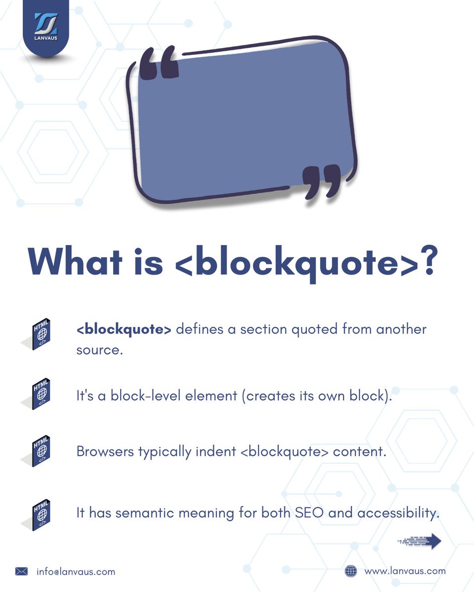 lanvaus's tweet image. Using &amp;lt;blockquote&amp;gt; instead of just styling text makes your quotes accessible, semantic, and meaningful.

Plus, they're easy to style beautifully!

Follow @lanvaus for more updates!

Visit Us: lanvaus.com/solutions/web-…

#html #semantichtml #webcontent #webdevelopment #lanvaus