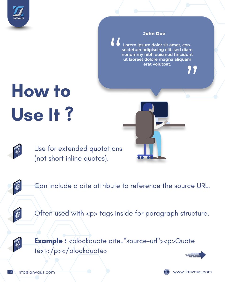 lanvaus's tweet image. Using &amp;lt;blockquote&amp;gt; instead of just styling text makes your quotes accessible, semantic, and meaningful.

Plus, they're easy to style beautifully!

Follow @lanvaus for more updates!

Visit Us: lanvaus.com/solutions/web-…

#html #semantichtml #webcontent #webdevelopment #lanvaus
