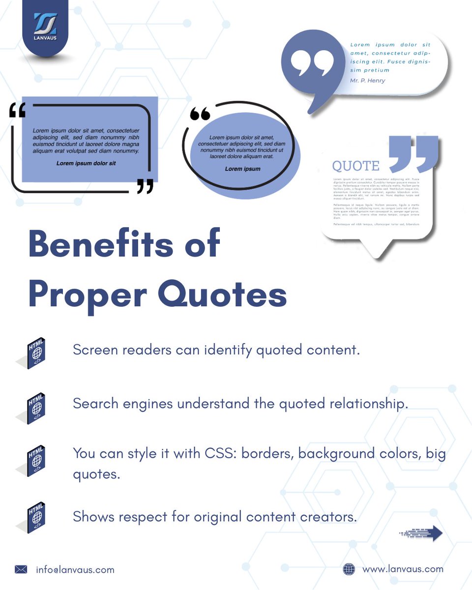lanvaus's tweet image. Using &amp;lt;blockquote&amp;gt; instead of just styling text makes your quotes accessible, semantic, and meaningful.

Plus, they're easy to style beautifully!

Follow @lanvaus for more updates!

Visit Us: lanvaus.com/solutions/web-…

#html #semantichtml #webcontent #webdevelopment #lanvaus