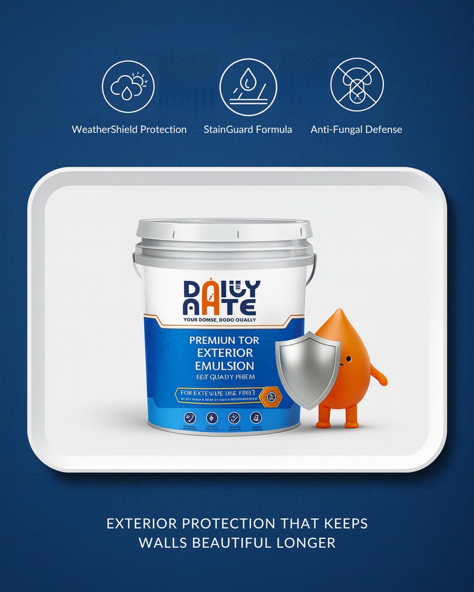 dailymate1's tweet image. Give your home the protection it deserves with Dailymate Premium Exterior Emulsion — a smart choice for walls that stay beautiful, strong, and weather-resistant for years. 🏠✨

Choose quality that lasts.
Choose Dailymate — Your Desire, Good Quality.

#Dailymate #ExteriorEmulsion