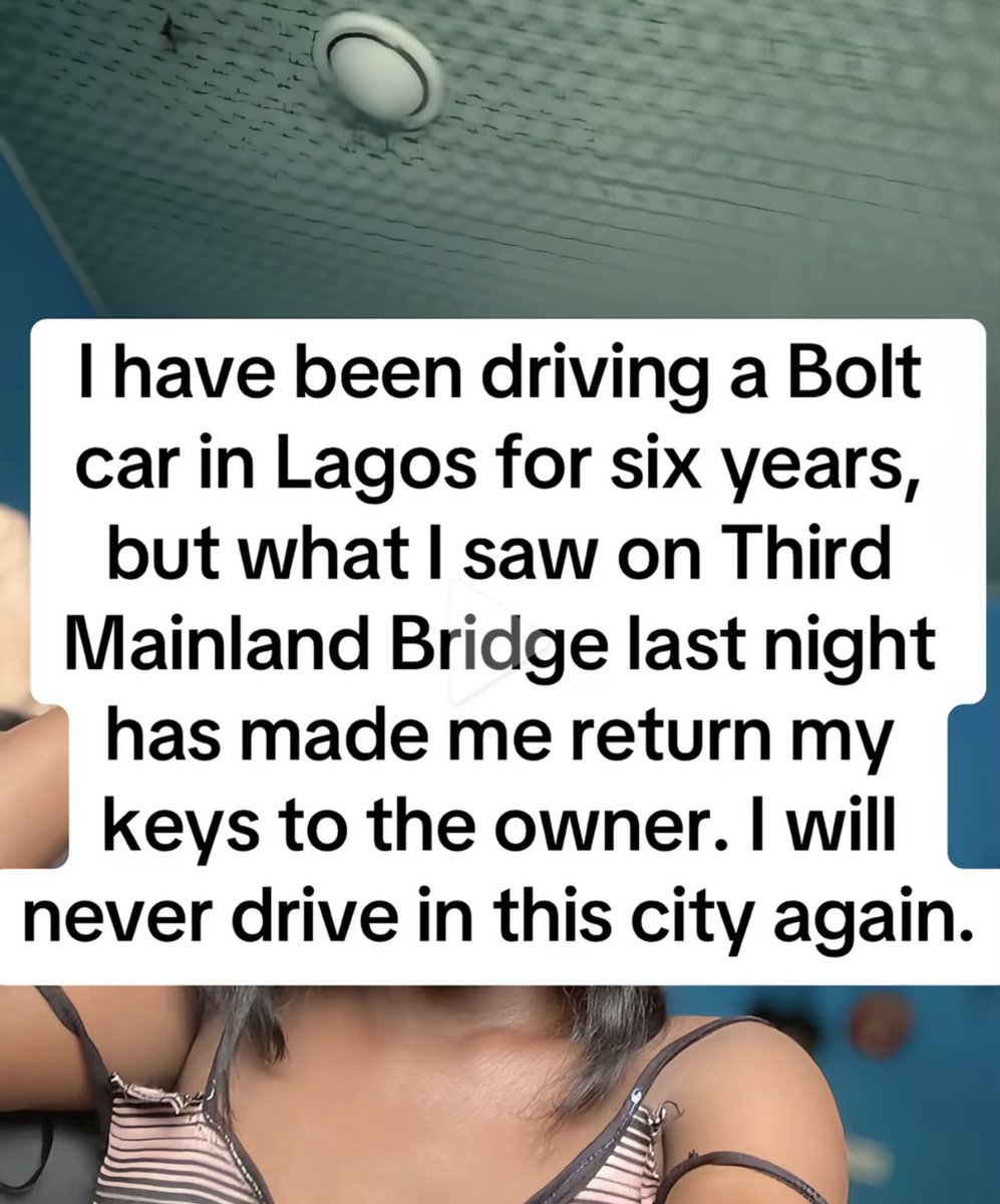 OgbeniAdugbo's tweet photo. I have been driving a Bolt car in Lagos for six years, but what I saw on Third Mainland Bridge last night has made me return my keys to the owner. I will never drive in this city again.
It was 11:45 PM. I was about to close the app and go home to Egbeda when a request came in.
Pickup: Victoria Island Drop-off: Ikorodu
The fare was ₦18,000. I was broke, and my wife needed money for antenatal, so I greedily accepted.
The passenger was a young lady, extremely beautiful, dressed in a white flowing gown. She smelled like expensive jasmine and cold dust. She didn’t say a word when she entered the back seat. She only nodded.
We started the journey. The roads were free. I was playing Burna Boy on the radio, feeling lucky.
As we climbed the Third Mainland Bridge, the atmosphere in the car changed. The air conditioner was off, but the car became freezing cold. My windows started fogging up from the inside.
I looked in the rearview mirror to ask if she was ok.
She wasn’t looking at her phone. She was staring directly at the back of my head. Her eyes were wide open, unblinking.
“Driver,” she whispered. Her voice sounded like it was coming from the car speakers, not her mouth. “Stop here. I want to buy Gala.”
I laughed nervously. “Madam, this is Third Mainland Bridge. Nobody sells Gala here by 12 midnight. It is dangerous to stop.”
“I said STOP!”
The scream didn’t sound human. It shook the steering wheel. The car engine cut off instantly on its own. We were dead in the middle of the lagoon section.
I was shaking. “Madam, please, take it easy.”
She opened the door and stepped out.
There was no wind, even though we were high above the water.
She walked to the railing of the bridge. I watched her, paralyzed with fear. I wanted to start the car and zoom off, but my hands refused to move.
Then, I saw them.
From beneath the bridge, wet, dark figures started climbing over the railing. One, two, three… seven of them. They looked like people who had drowned—swollen, dripping with black water, their skin pale and peeling.
They didn’t touch her. They bowed to her.
She turned to look at me one last time. Her face had changed. She no longer had a nose or a mouth. Just a smooth patch of skin where her features used to be.
“You are lucky you have a pregnant wife at home,” the voice echoed in my head, though she had no mouth to speak. “Her prayer is what is covering you.”
She climbed onto the railing and jumped into the lagoon.
Splash.
The seven drowned figures followed her.
Splash. Splash. Splash.
Silence.
My car engine roared back to life on its own. The doors locked automatically.
I drove like a madman.
My car engine roared back to life on its own. The doors locked automatically.
I drove like a mad man. I didn't stop until I reached a filling station in Anthony. I was sweating, shivering, crying.
I checked my phone to end the trip and report the incident.
But when I opened the app, the trip history was empty. No record of the pickup. No record of the passenger.
Except for one thing.
On the back seat where she sat, there was no money. But there was a single, wet 1000 Naira note.
It was dripping with salt water.
And written on the note in red ink was a date:
12 - 12 - 2025.
That is the exact due date the doctor gave my wife for our baby.

I am currently burning the car seat. I don't know what to do. Is she coming for my child? Or did my wife's prayer really saved me?