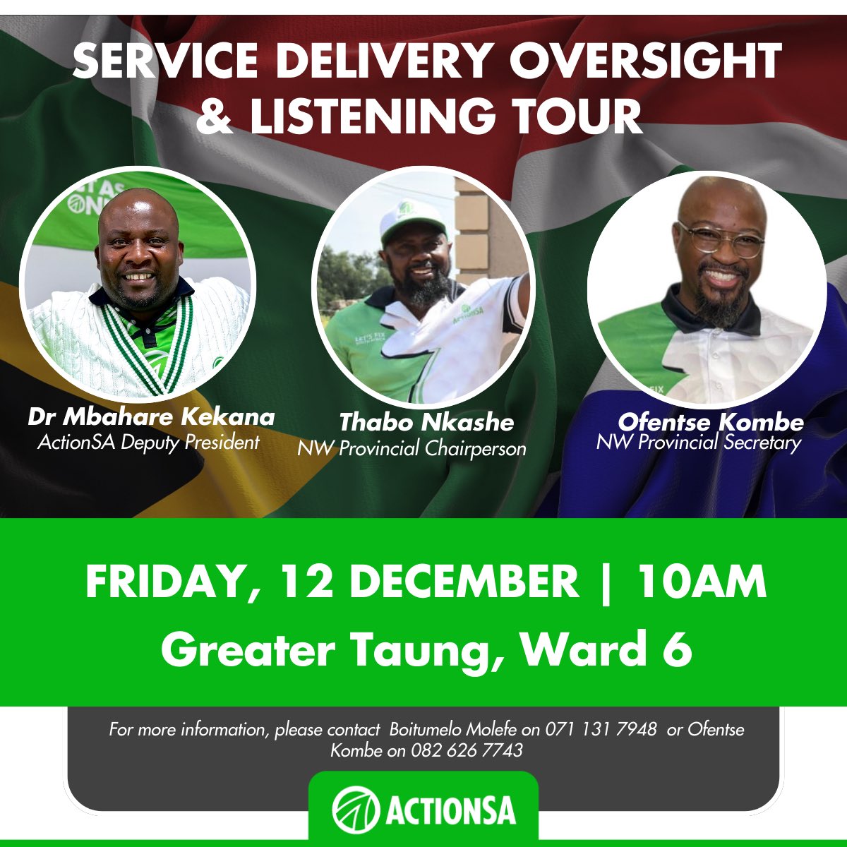 <a href="/Action4SA/">ActionSA</a> Deputy President, <a href="/MbahareKekana_/">DR Mbahare J Kekana</a> , will today, spearhead a targeted service delivery oversight in Greater Taung, followed by a community listening tour. 

<a href="/Action4SA/">ActionSA</a> continues its mission to expose failures, and amplify the voices of residents across the North West.