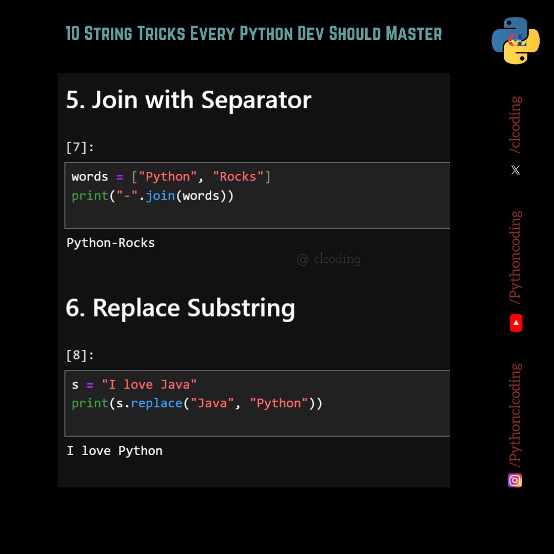 clcoding's tweet image. Stop writing long, messy string code. These 8 Python tricks will change everything