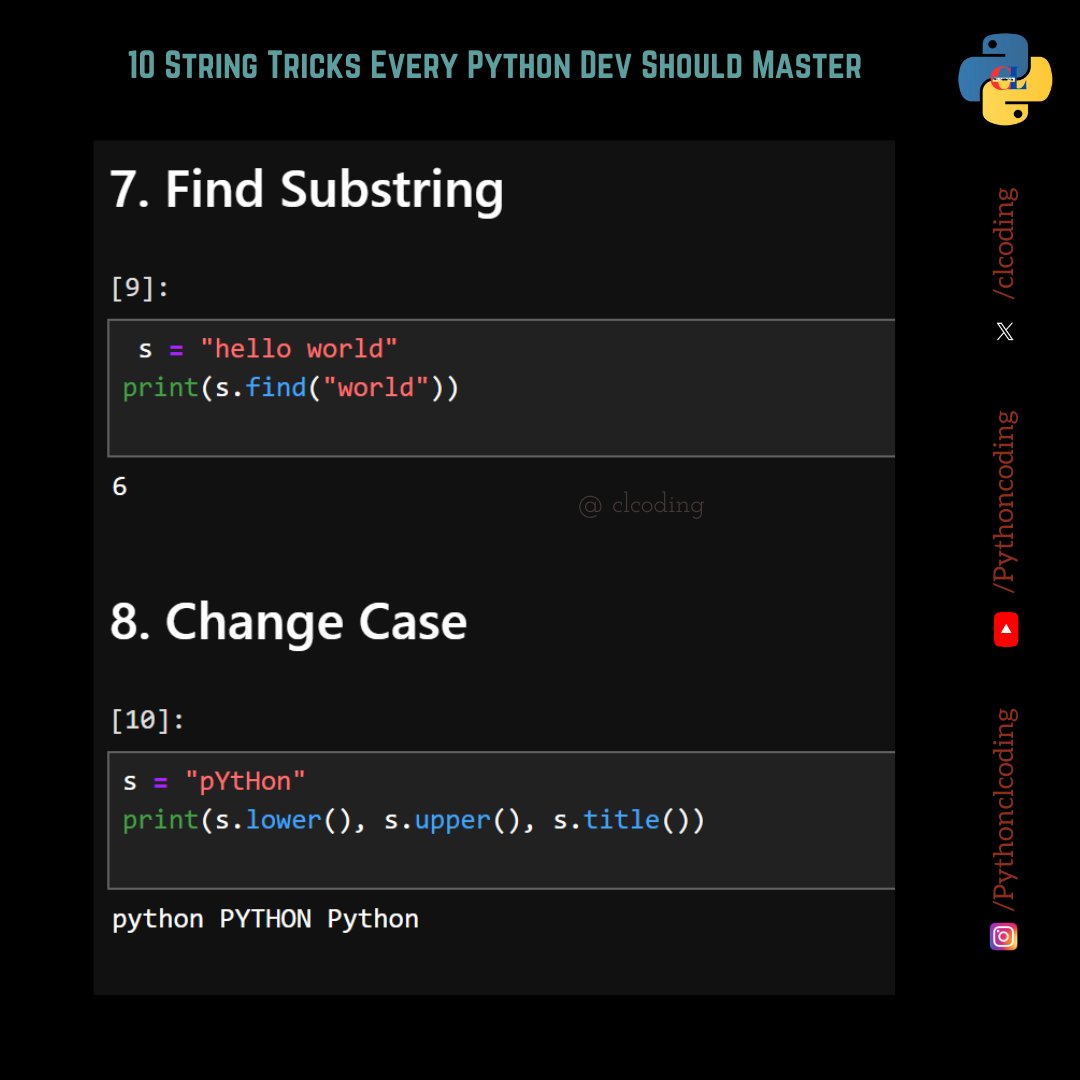 clcoding's tweet image. Stop writing long, messy string code. These 8 Python tricks will change everything