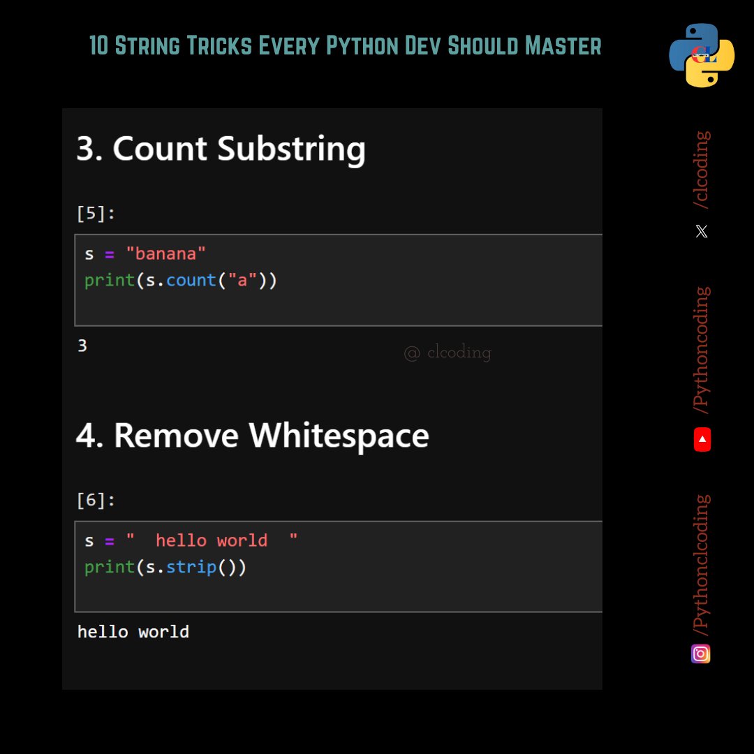 clcoding's tweet image. Stop writing long, messy string code. These 8 Python tricks will change everything