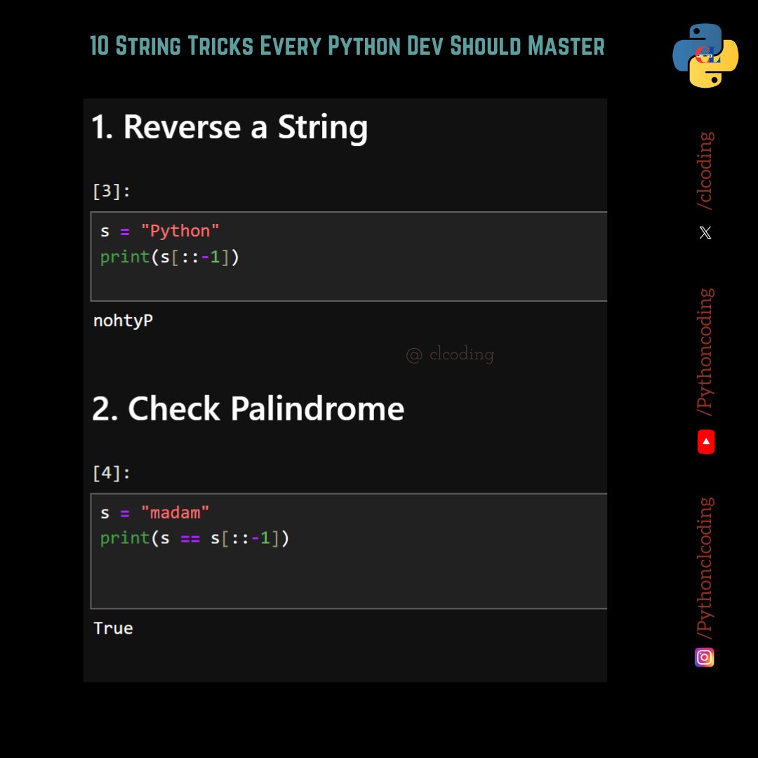 clcoding's tweet image. Stop writing long, messy string code. These 8 Python tricks will change everything