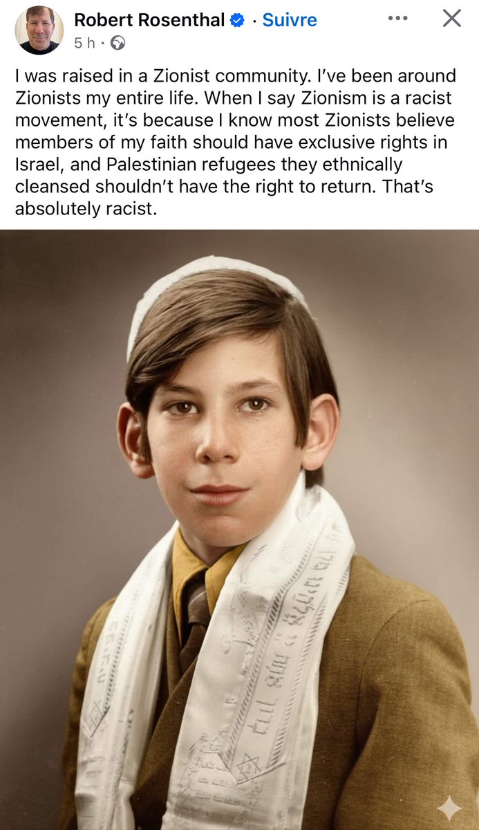 Parfois complètement par hasard tu tombes sur une publication Facebook toute simple qui dit tout, comme ce matin avec mon café.
Ici un juif américain qui dit les termes:
Oui le sionisme est une idéologie raciste et coloniale.

Il y a rien d’autre à ajouter.