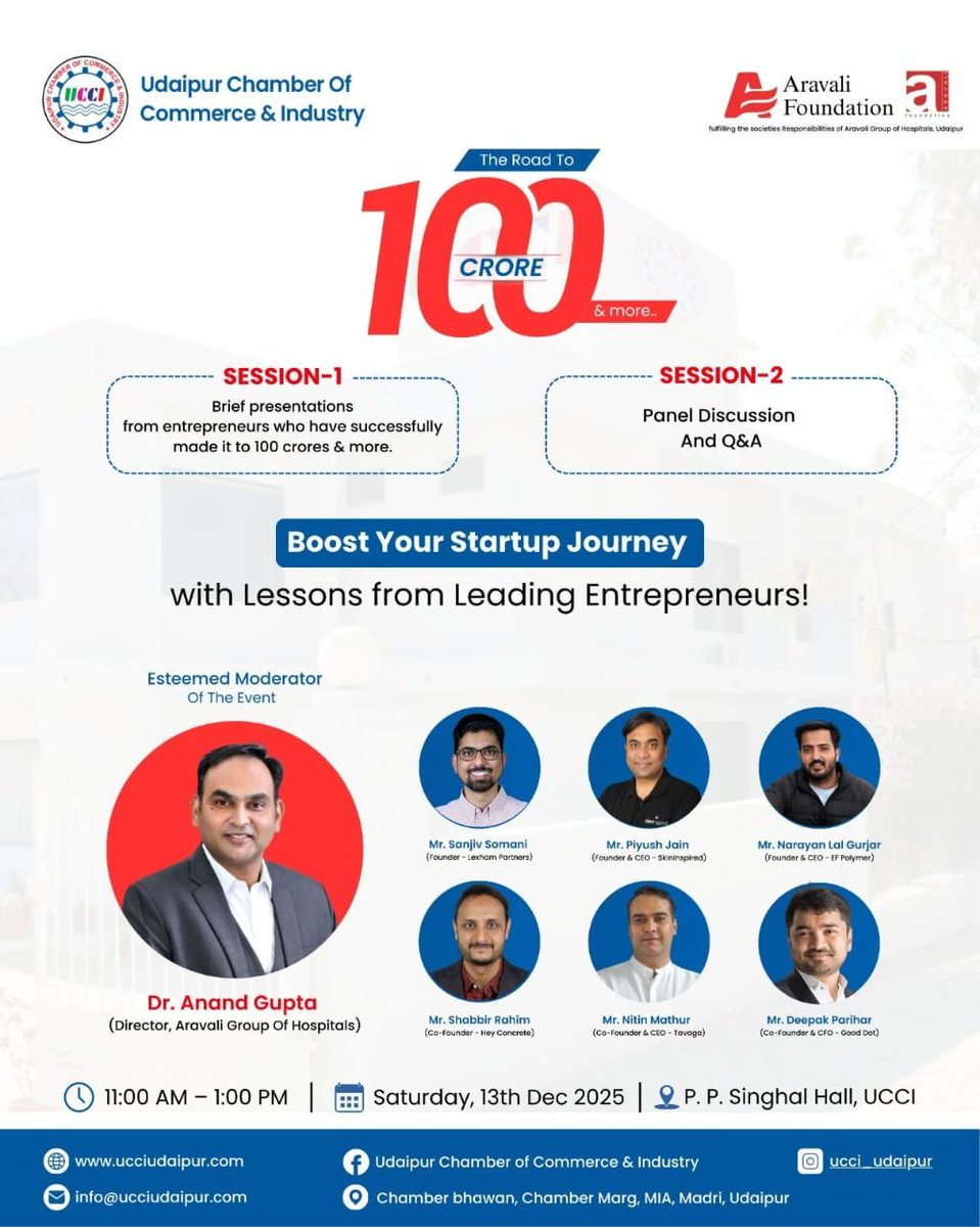 Tomorrow, our Founder &amp; CEO Narayan Lal Gurjar will be joining an inspiring panel at UCCI Udaipur for “The Road to 100 Crore &amp; More.

A great opportunity for aspiring founders to learn from leaders who’ve built with purpose and persistence. ✨