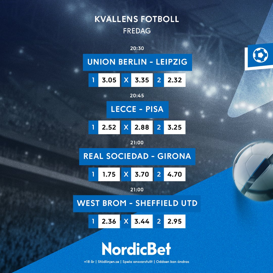 Några av fredagkvällens höjdpunkter från fotbollseuropa. Som vanligt är oddsutbudet fyllt till brädden! ⚽

Spela här: nordicbet.com/sv/odds

+18 år | stödlinjen.se | Spela ansvarsfullt