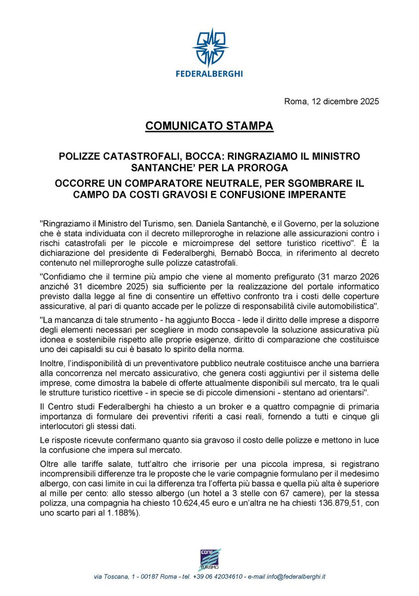 Polizze catastrofali, Bocca: ringraziamo il ministro Santanchè per la proroga.

Occorre un comparatore neutrale, per sgomberare il campo da costi gravosi e confusione imperante.
