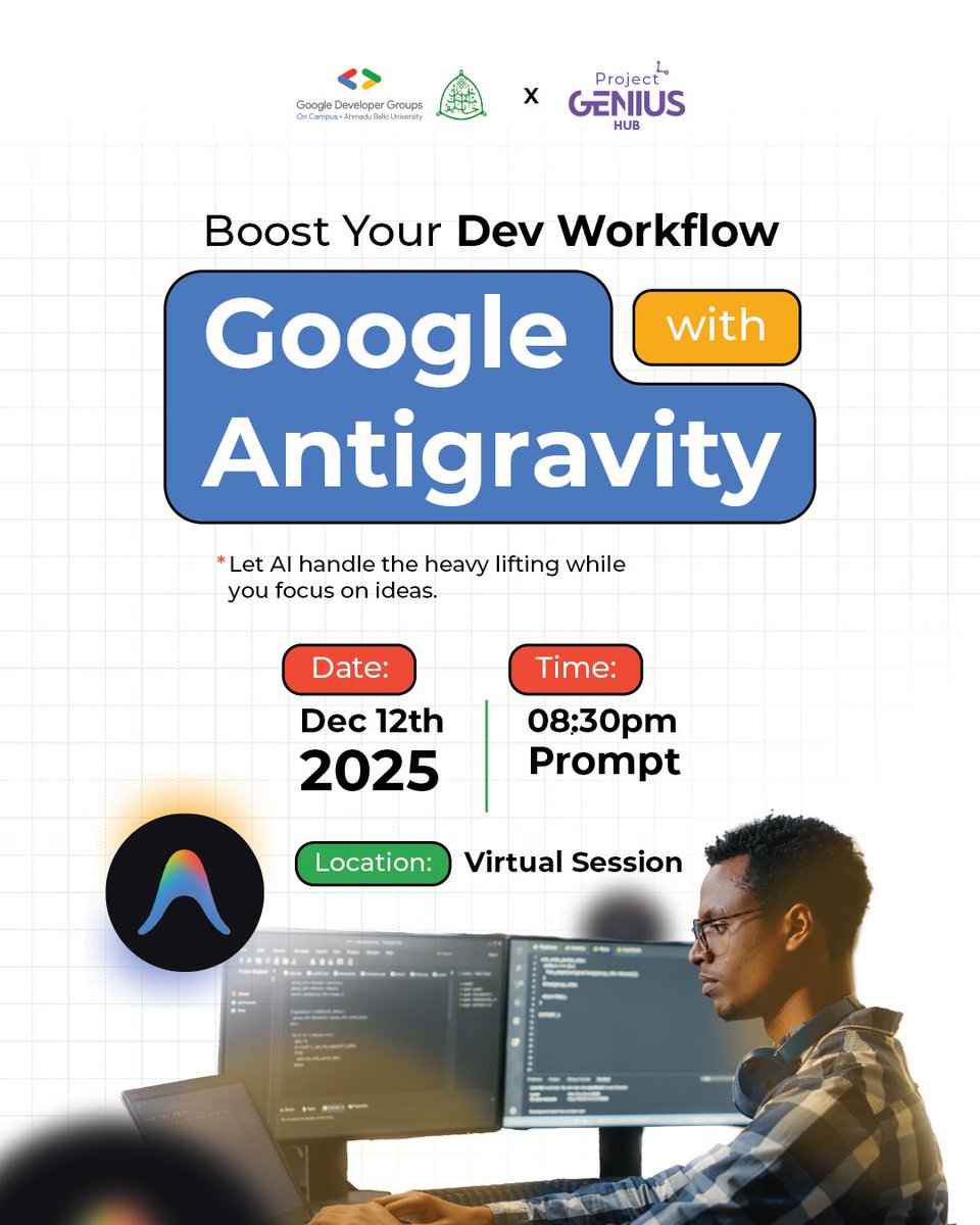 Still debugging the hard way? 🛠️  

Join us &amp; @ProjectGeniusHub for a session on building smarter with Google Antigravity + AI.  

📅 Today | 8:30 PM WAT  
🔗 meet.google.com/dmn-iydv-xyn
RSVP: tinyurl.com/46sr9z2h
#GDGoC #AI #BuildWithGoogle #GeniusHubZaria