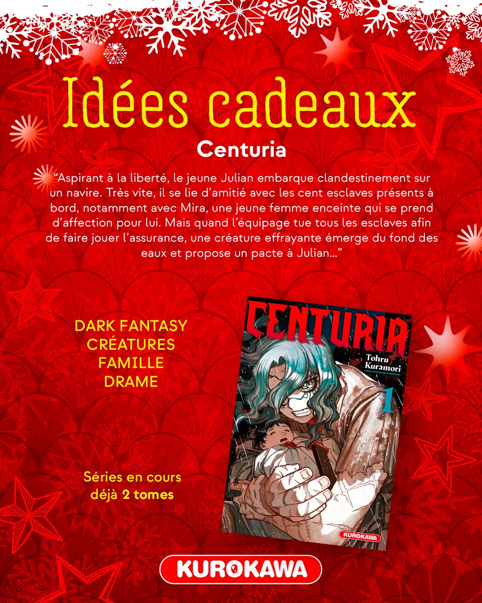 Kurokawa's tweet image. #KuroNoël 🎄 Idées cadeaux manga - Jour 12 🎁

"Centuria" 🐙

𝑳𝒆 𝑺𝒂𝒗𝒊𝒆𝒛-𝒗𝒐𝒖𝒔❓ Avant de se lancer en solo avec Centuria, Tohru Kuramori a été entre autres assistant de Tatsuki Fujimoto sur Chainsaw Man.