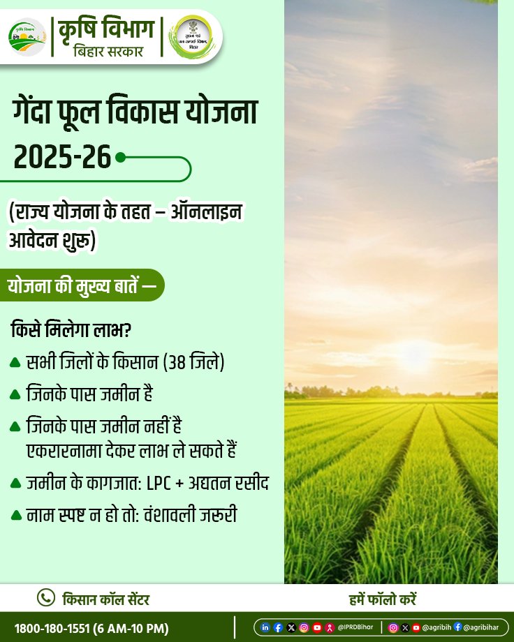 Agribih's tweet photo. 🌼 गेंदा फूल विकास योजना 2025-26
गेंदा खेती पर 50% अनुदान, क्षेत्र 0.1–2 हेक्टेयर।
गेंदा किसानों को मालवाहक वाहन पर भी 50% अनुदान।

👉 दस्तावेज़ एक PDF में अपलोड करें
👉 पहले आओ–पहले पाओ
👉 ऑनलाइन आवेदन शुरू
Visit करें - 
https://t.co/d2CEYJjJi8 https://t.co/ZvHHzObzS7