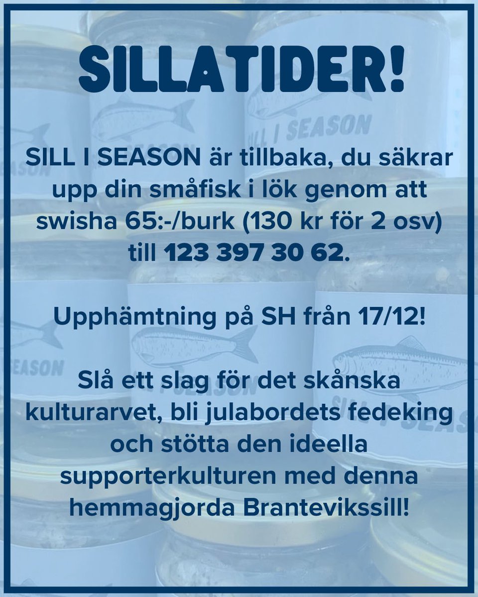 Supporterhuset's tweet image. Jadå!

Sillen säljs som vanligt i 200g burkar och finns endast tillgänglig för avhämtning på Supporterhuset från 17/12.

Kör vi!