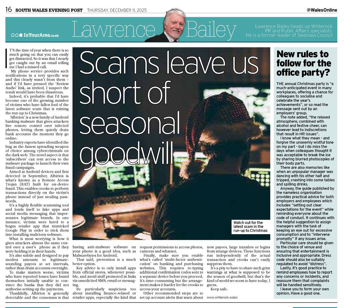 Watch out for seasonal scams. This week's column.