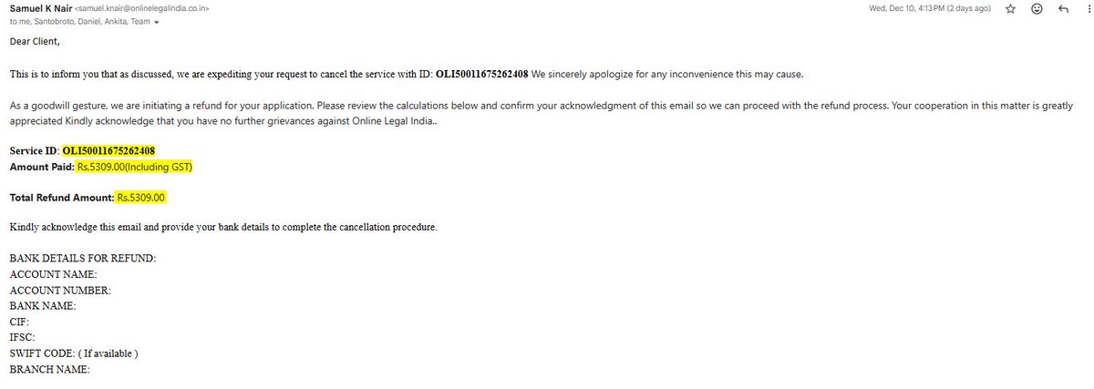 _p_deepak's tweet image. I want to bring serious attention to the misleading service &amp;amp; false fee commitments by @OnlineLegalInd 
#consumercomplaints @fssaiindia   #MisleadingService @RajeshFastInfo