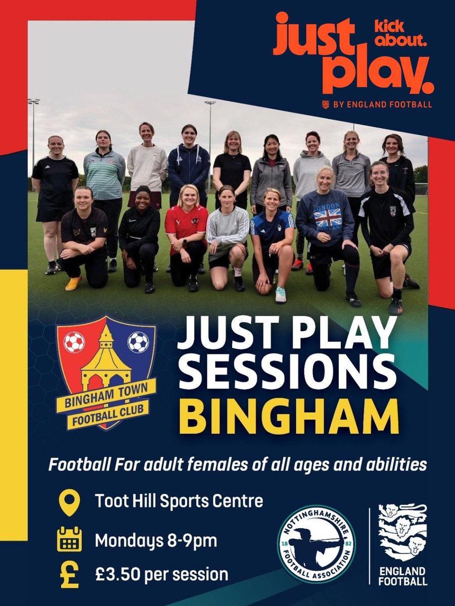 NottsFA's tweet image. Looking to play casual women's football?

@Binghamtownfc's Monday night Just Play Kickabout sessions could be perfect for you!

🕗 8-9pm
📍 Toot Hill Sports Centre
🪙 £3.50 per session

For more information, contact esthercooper10@outlook.com ✉️

#JustPlay #Kickabout