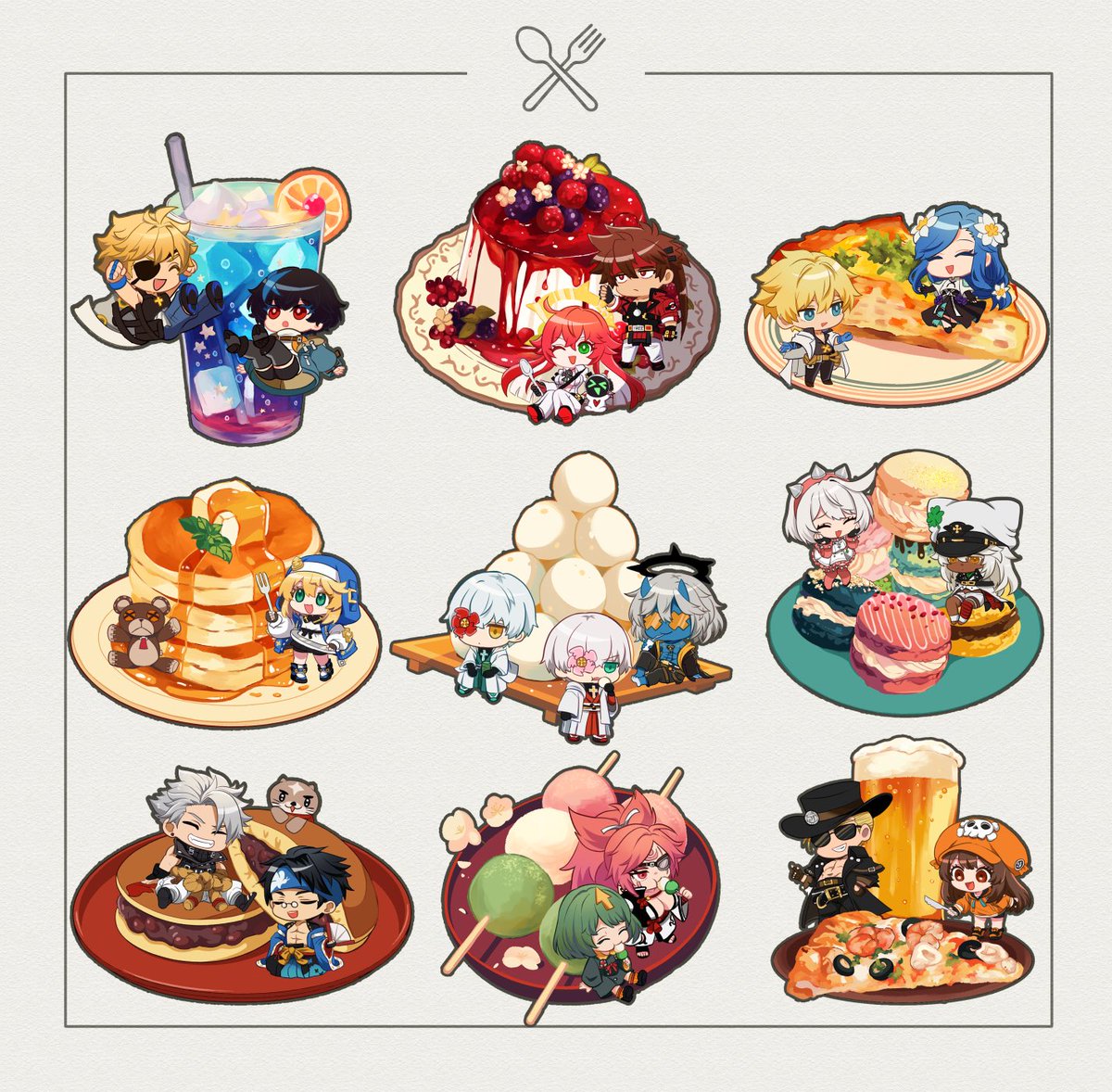 料理×GGキャラまとめました
アクキー&amp;ステッカーで冬コミとわいストにて頒布予定です
こちらの絵柄は確定で、ステッカーはもう少し絵柄が増えます