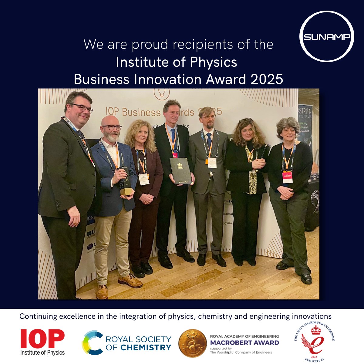 SunampLtd's tweet photo. We are proud to share that Sunamp has been awarded the @PhysicsNews (IOP) Business Innovation Award, recognising a physics breakthrough in thermal storage, improving heat transfer performance in high flow rate hot water applications. Read the full story👉https://t.co/sfDdOILqLV https://t.co/1L0KNHOpsL