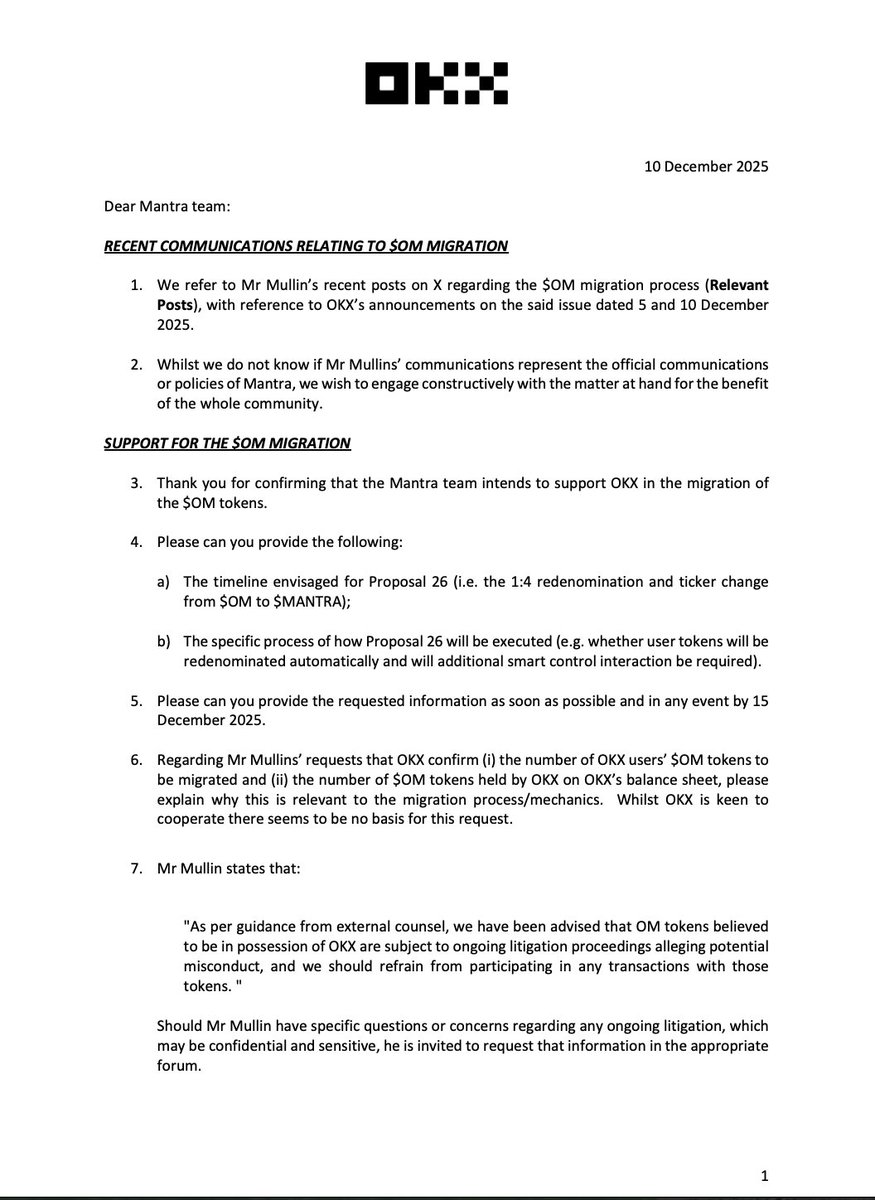 Dear OKX, I have received your letter on December 10th, 2025. For  transparency for our community, I am sharing the contents of the letter in  my response. Let me state that we