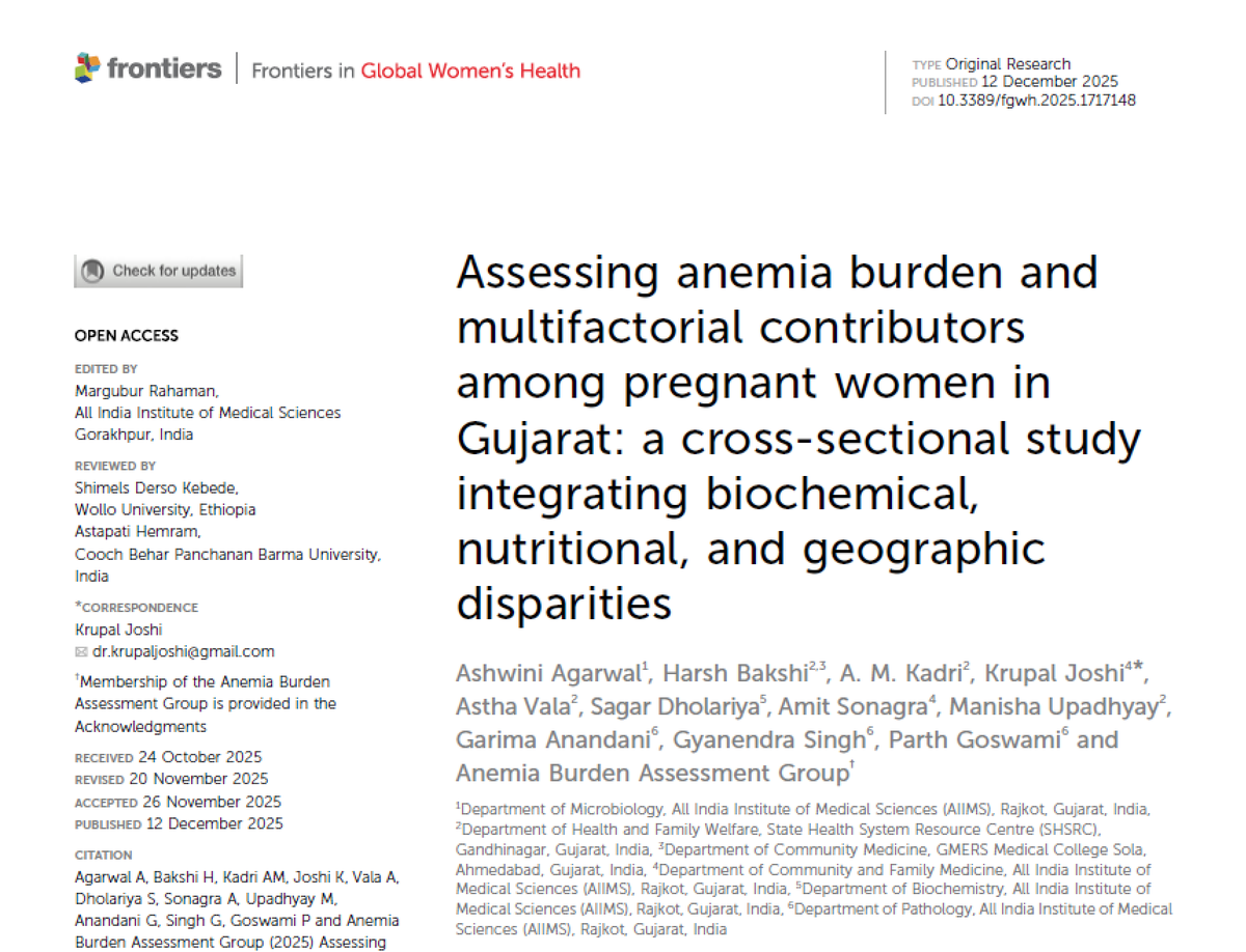 Our SHSRCG-funded study on anemia among pregnant women in Gujarat is now published in Frontiers in Global Women’s Health (Dec 2025).
We analysed 2,805 pregnant women across 10 districts—frontiersin.org/journals/globa…