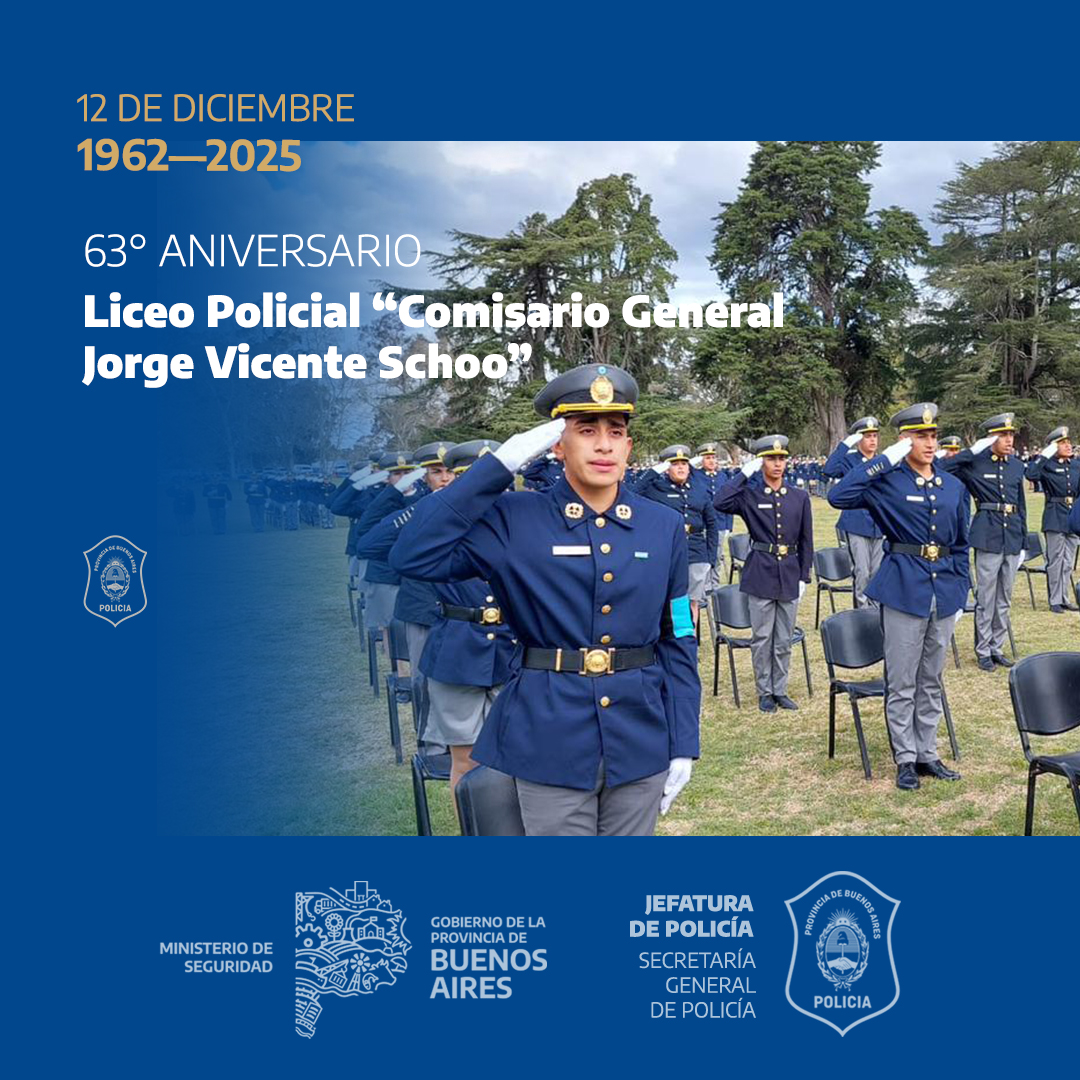 En la fecha se celebra el 63° aniversario del  Liceo Policial “Comisario General Jorge Vicente Schoo”, creado el 12 de diciembre de 1962 con el fin de formar a los futuros efectivos policiales, brindándoles los conocimientos necesarios para su desarrollo profesional.
#PolicíaPBA