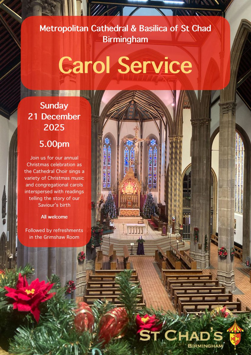 A great start to Christmas Week! Join the annual Carol Service at <a href="/StChadsBirm/">St Chad's Cathedral</a>, our Diocesan Mother Church. Sunday 21 December, 5pm.