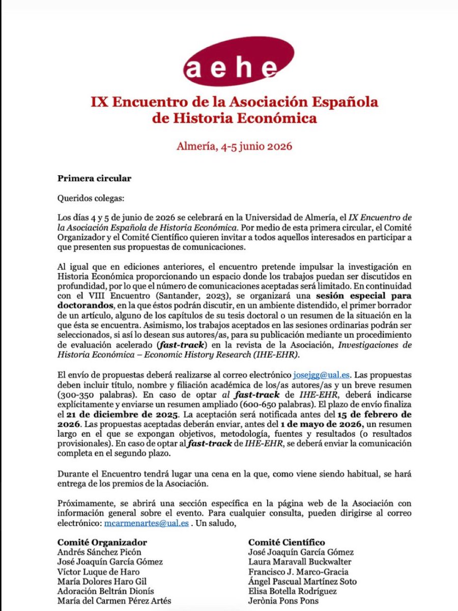 ¡RECORDATORIO! Los días 4 y 5 de junio de 2026 se celebrará en la <a href="/ualmeria/">Universidad de Almería</a> el IX Encuentro de la
<a href="/_AEHE/">AEHE</a>, organizado por <a href="/hedes_ual/">HEDES - UAL</a>. 📷 El plazo de envío de propuestas finaliza el 21 de diciembre.