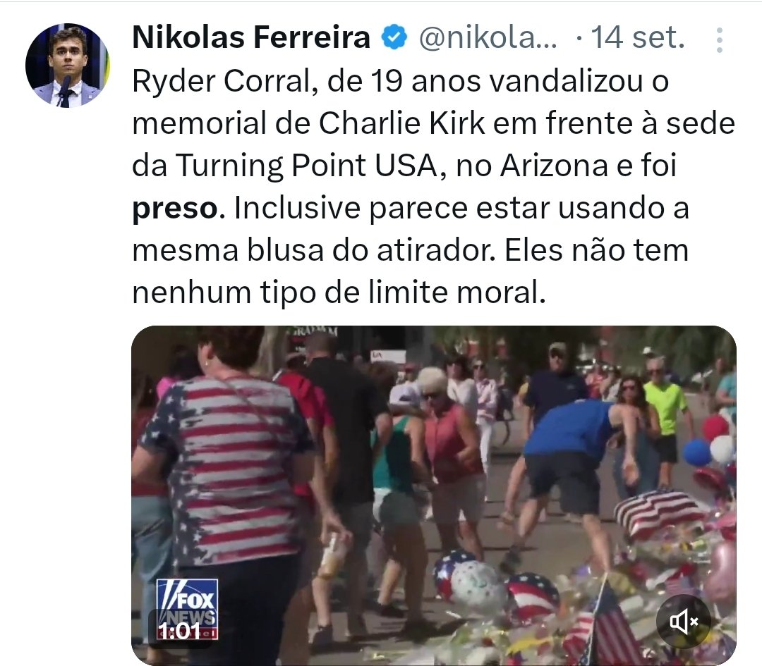 Nikolas defendeu a prisão de uma pessoa que vandalizou memorial nos EUA, mas quer dar anistia para quem vandalizou STF, Congresso, Palácio do Planalto.