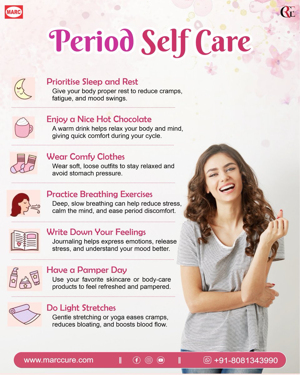 Pinkcure_India's tweet photo. Make your period days easier with simple Period Self-Care Tips—rest well, sip warm drinks, wear comfy clothes, practice deep breathing, stretch gently,
 More wellness tips at https://t.co/yX52R41CLU
#PeriodSelfCare #MenstrualHealth #WomenWellness #CrampsRelief #PinkCure #MarcCure https://t.co/Gcp6biFjbR