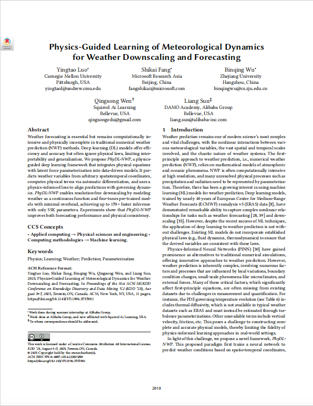 deeppdf_ai's tweet photo. Summary of 2025 #KDD Paper:
🌪️ PhyDL-NWP: Physics-powered AI for weather forecasting/downscaling! 170× faster inference, 55K params, and sharper physical consistency than baselines. A total game-changer for meteorology!
Details👉https://t.co/58V9bko6Bo https://t.co/oIPdwNbjlZ