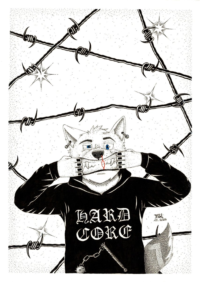 Morkulfr's tweet photo. “𝕳𝖆𝖗𝖉𝖙𝖎𝖒𝖊 𝖃 𝕳𝖆𝖗𝖉𝖈𝖔𝖗𝖊”

• Traditional Art (A4 format)

(speech continue in the comments)

#furryart #furry #anthroart #traditionalfurryart #stippling #illustration #artistsoninstagram #artcommission #customart #handdrawn #originalcharacter #metal #punk #hardcore https://t.co/IHreCq50MI