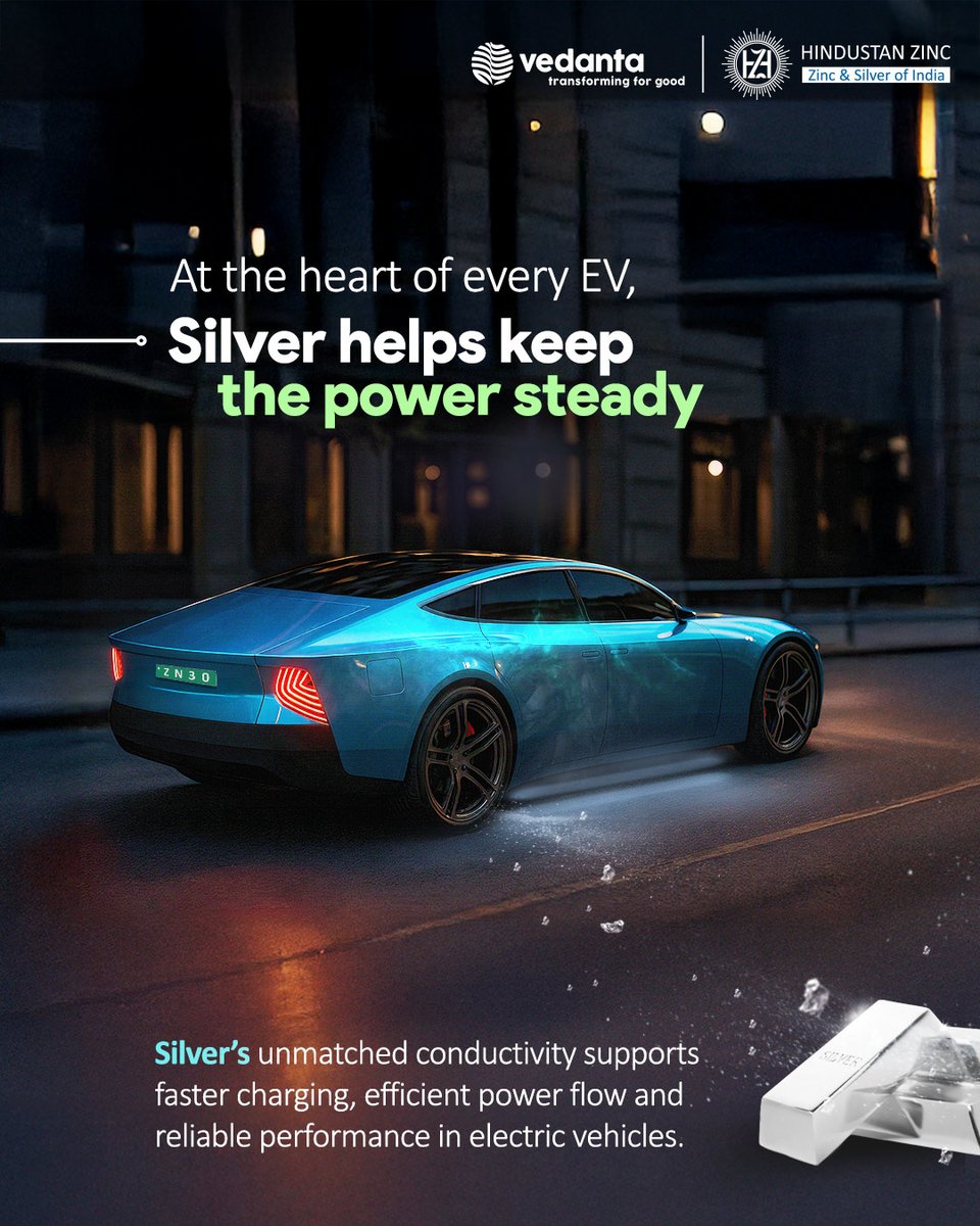 Hindustan_Zinc_'s tweet photo. Behind every smooth electric drive is a metal that moves energy without compromise. Silver plays a critical role in EV systems by enabling efficient power transfer, consistent performance and dependable mobility for the future.
#HindustanZinc #HZL #MetalsForLife https://t.co/LstfdKH2gb