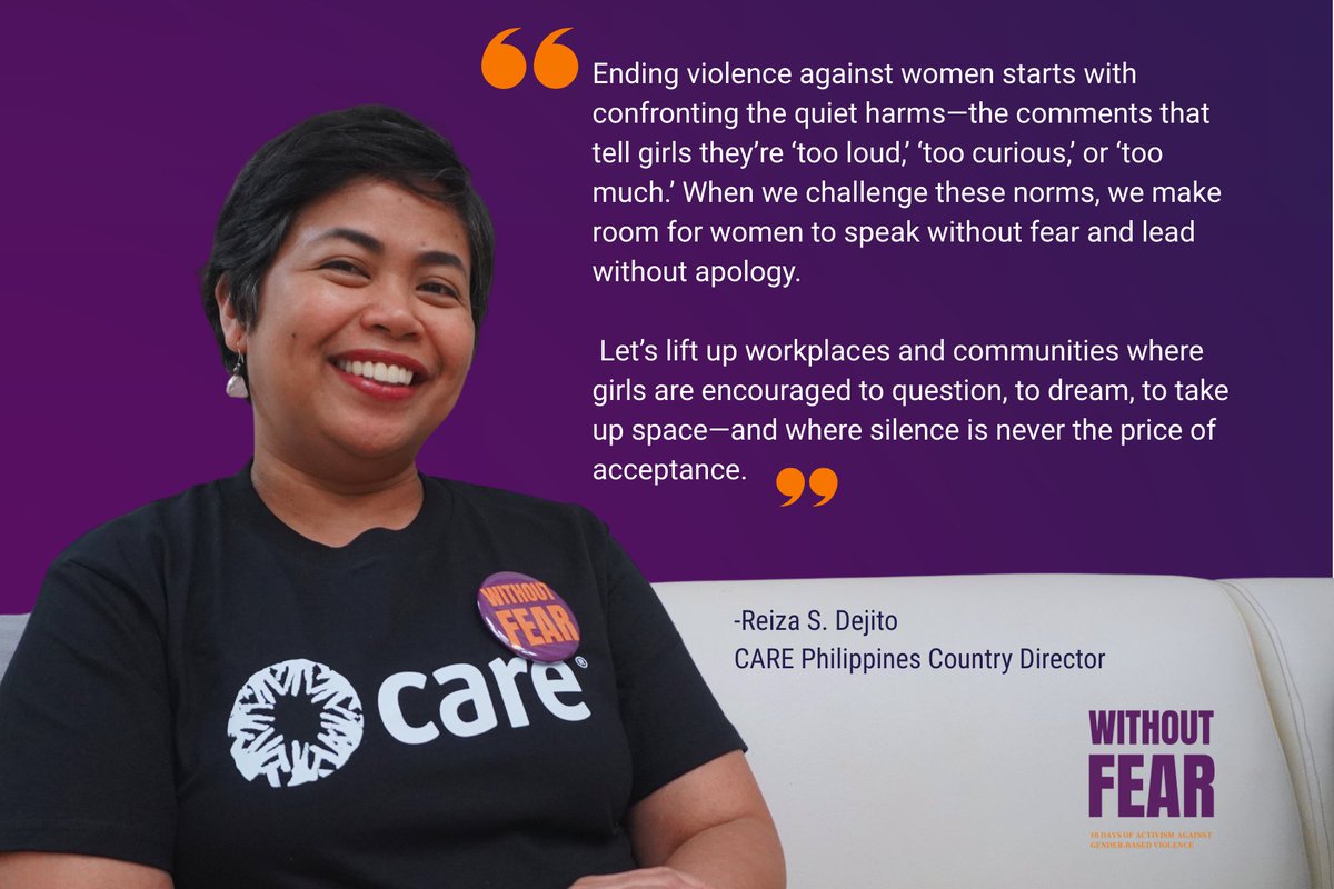 CAREphl's tweet image. At CARE, we believe that every woman and girl has the right to live, learn, and lead Without Fear. That’s why we work every day to create safe spaces, challenge harmful norms, and uphold dignity and equality in all our programs. #16Days #WithoutFear #EndVAWG