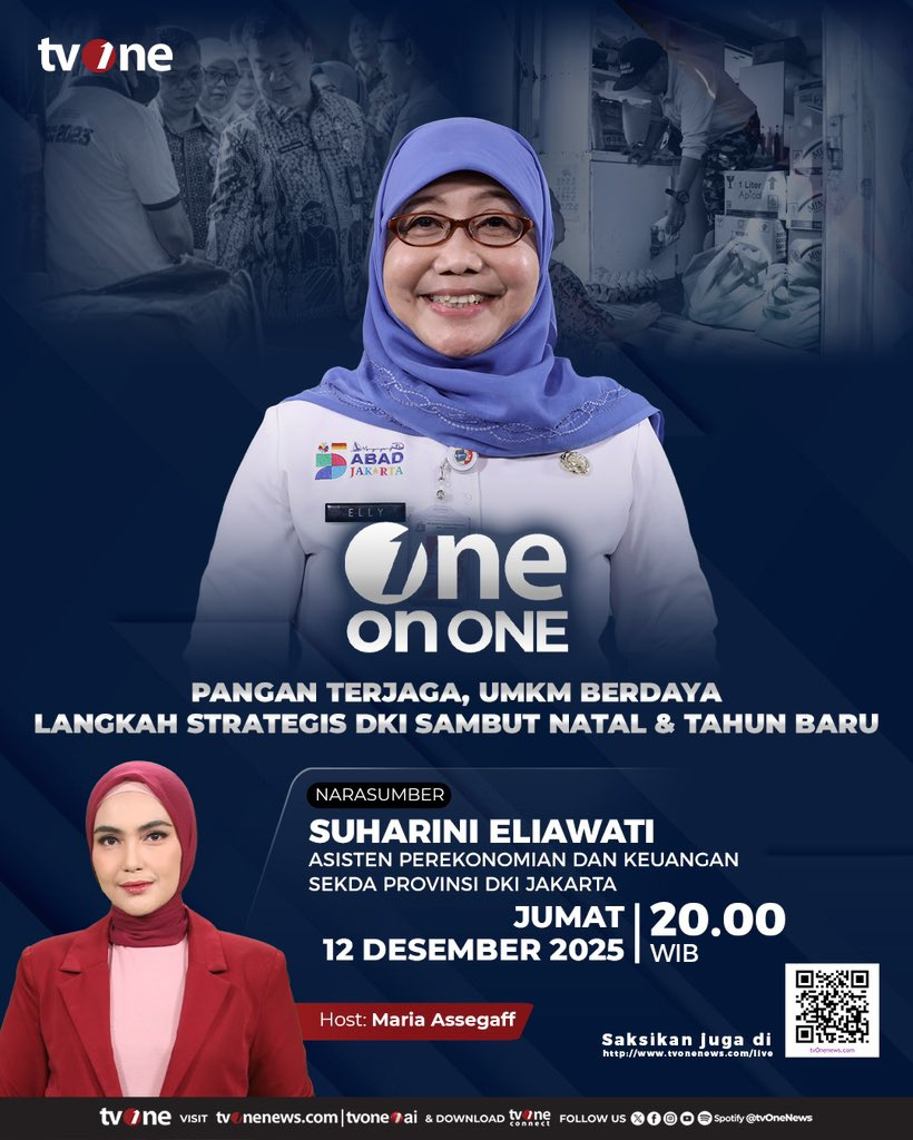 Saksikan One on One dengan tema Pangan Terjaga, UMKM Berdaya
Langkah Strategis DKI Sambut Natal &amp; Tahun Baru.

Malam ini, Jumat 12 Desember 2025 pukul 20.00 WIB hanya di tvOne dan live streaming di tvonenews.com/live

#OneonOnetvOne #CariBeritaditvOne #tvOneNews