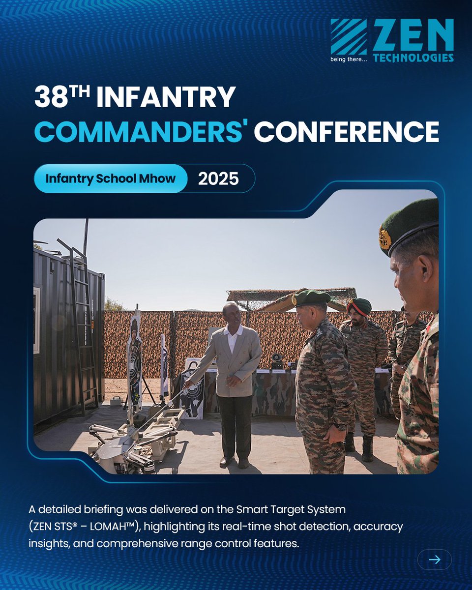 ZenTechnologies's tweet photo. @ZenTechnologies showcased next-generation virtual simulation systems at the 38th Infantry Commanders’ Conference 2025, Infantry School, Mhow.
To Know More: https://t.co/uy3ub26NaI
#Zentechnologies #beingthere #DefenceTechnology #InfantryTraining https://t.co/IJsLlS6HCh