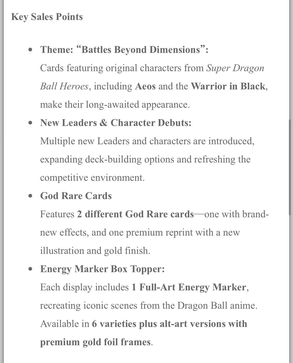 Primera info de BT31!!

VUELVE DB HEROES, SIGUEN CON LOS ENERGY MARKERS COMO BOX TOPPER, PERO LO MAS IMPORTANTE...

MASTERS SIGUE!!

#solohastabt30no
#vivamasters

<a href="/dbs_cardgame/">Dragon Ball Super Card Game MASTERS</a>