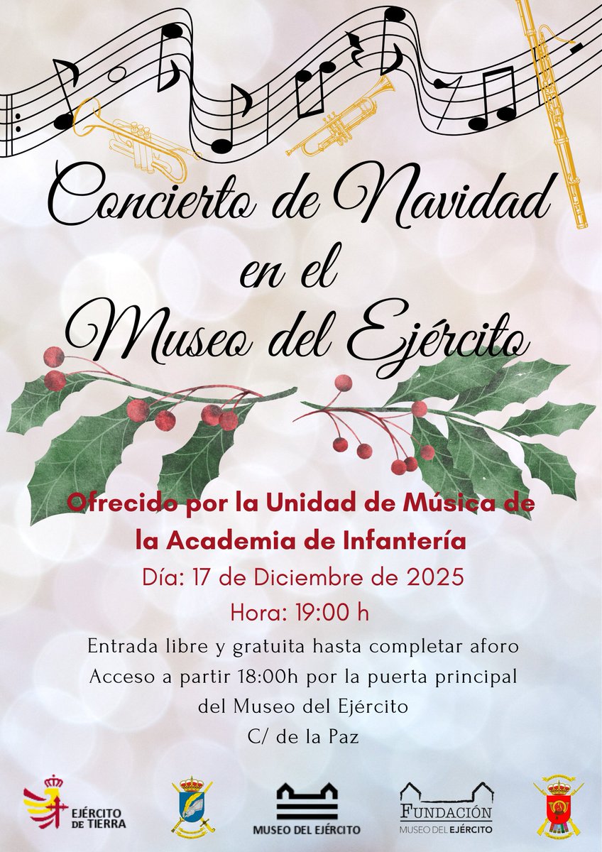 La magia de la música 🎶 te espera esta #Navidad en el #Museodelejército 🏰. Siéntela en vivo el día 17 de diciembre a las 19:00h (acceso a partir de las 18:00h por la puerta principal del Museo del Ejército)
Entrada libre y gratuita hasta completar aforo.