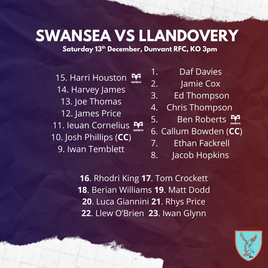 TEAM NEWS | On home turf 🏠

We’re back at Dunvant as new faces join us and familiar faces return…

A reminder that kick off is now 3PM at Broadacre ✅

🆚 <a href="/llandoveryrfc/">Clwb Rygbi Llanymddyfri</a> 
⏰KO 3pm
🎟️ ethicalticketing.org/swansea-rfc/ev…