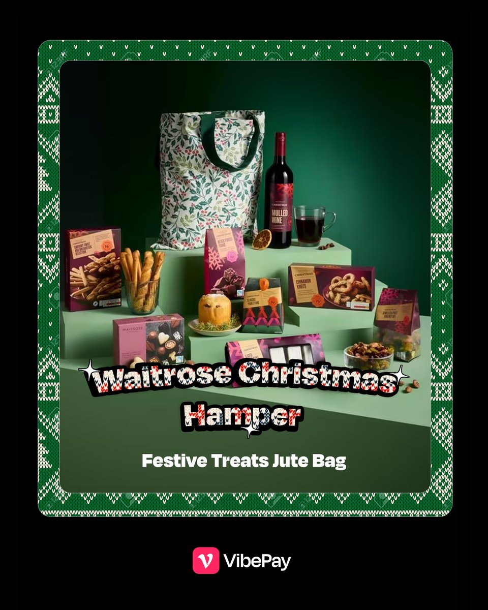 VibePay's tweet image. Today’s prize is pure festive comfort: the Waitrose Festive Treats Jute Bag Hamper 😍🎁

Biscuits, chocolates, nibbles… consider your Christmas snacking handled 😮‍💨✨

To enter:
👉 Follow @VibePay
❤️ Like this post
💬 Comment what your go to Christmas snack is 🎄
🔁  Retweet for…