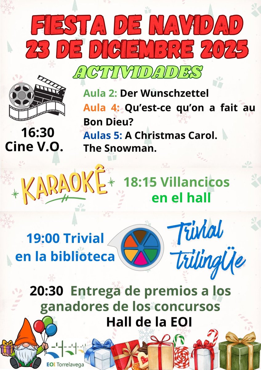 La Escuela Oficial de Idiomas de Torrelavega celebrará el día 23 la llegada de la Navidad con una jornada especial de actividades navideñas. ¡Estáis todos invitados!
#eoitorrelavega#EscuelasOficialesdeIdiomas#YoSoyEOI#ComunidadEoi#actividadesescolares#ComunidadEducativa#