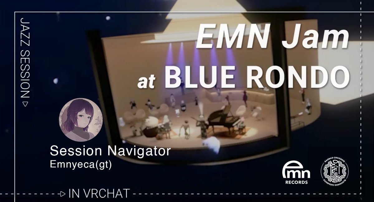 emn_records's tweet photo. 【#VRC 定期セッション #EMNJam のお知らせ】
12/13(土) 14:00 at Blue Rondo(毎週第2,第4土曜日) 
EMN Records Group+ 

通常お昼開催となります。年末の忙しい時期ですが息抜きにジャズセッションはいかがでしょうか？ご参加をお待ちしています。

セッションナビゲーター
🎸Emnyeca(gt) https://t.co/bsfKLKQJ3p