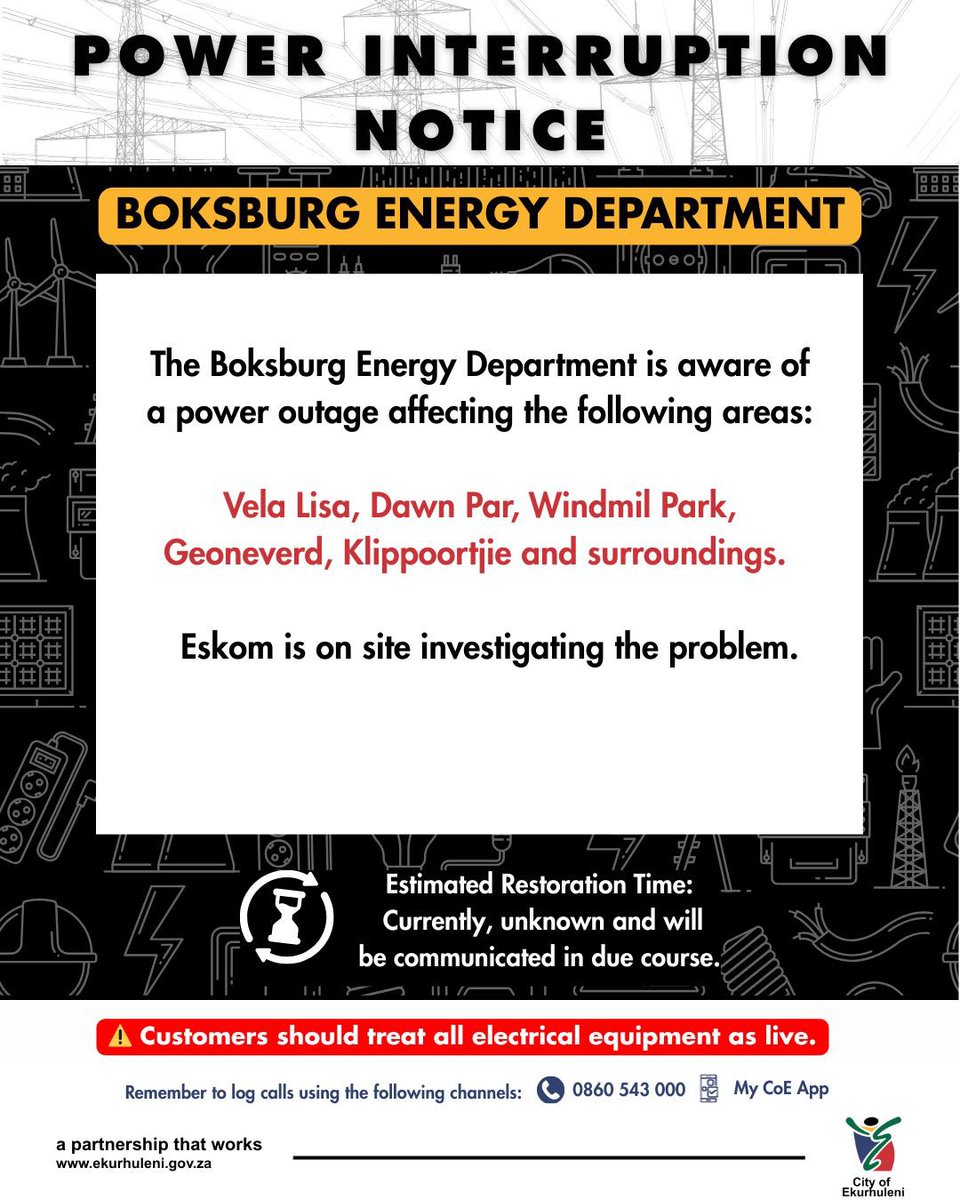 Sanibonani bahlali base Germiston nase Boksburg. Please take note of the following power interruption for the areas listed below.

#COEPower #COEWorks