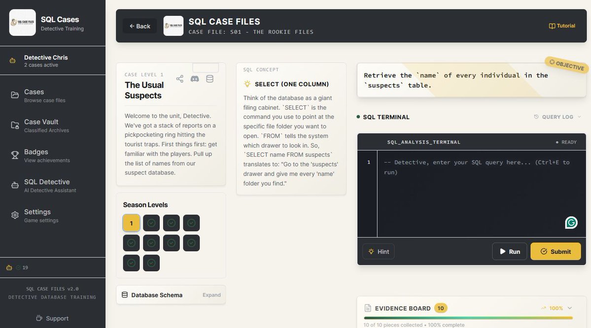sqldaily's tweet image. SQL Case Files

Learn #SQL while tackling detective investigations

Write queries to learn about suspects, uncover evidence, and close the cases

Play at sqlcasefiles.com