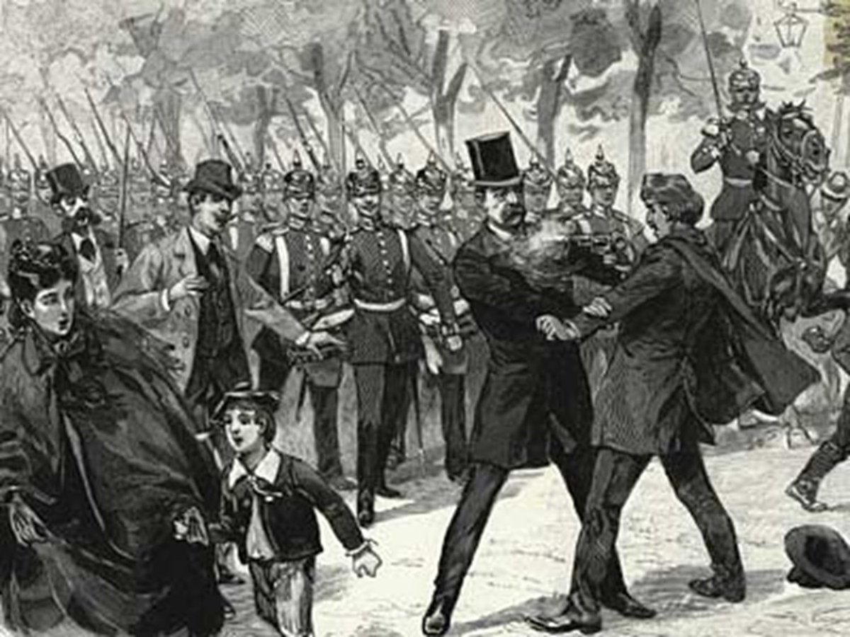 Otto von Bismarck ringt 1866 vor der russischen Botschaft in Berlin mit dem Attentäter Ferdinand Cohen-Blind, der fünf Schüsse auf ihn abgibt: Drei Streifschüsse, zwei Schüsse prallen von Bismarcks Rippen ab (offenbar keine sehr starke Waffe). Cohen-Blind gibt als Motiv an, dass