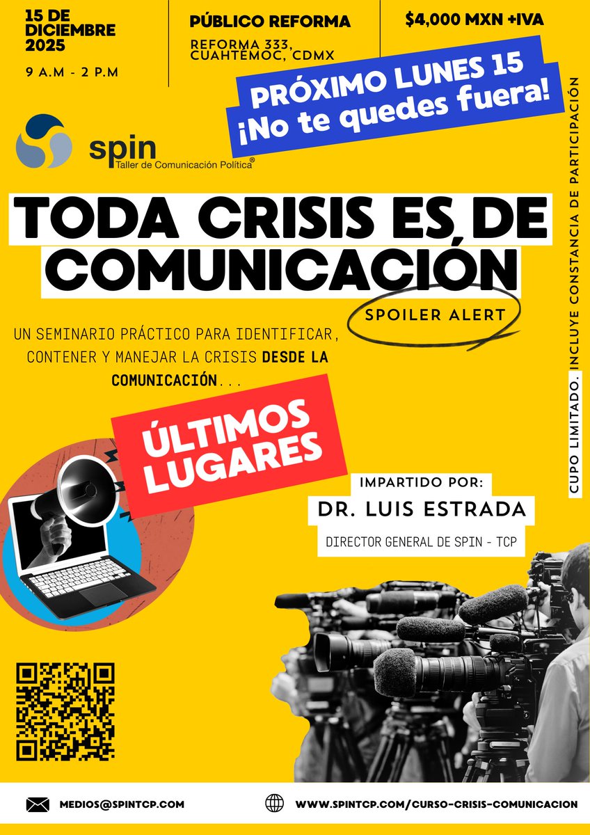 *📣 ¡PRÓXIMO LUNES 15! 📣*

*TODA CRISIS ES DE COMUNICACIÓN... SPOILER ALERT*

Te invitamos a participar en este seminario práctico para identificar, contener y manejar la crisis desde la comunicación.

💥 Detalles del Seminario

 *Tema Principal: Identificar, contener y manejar